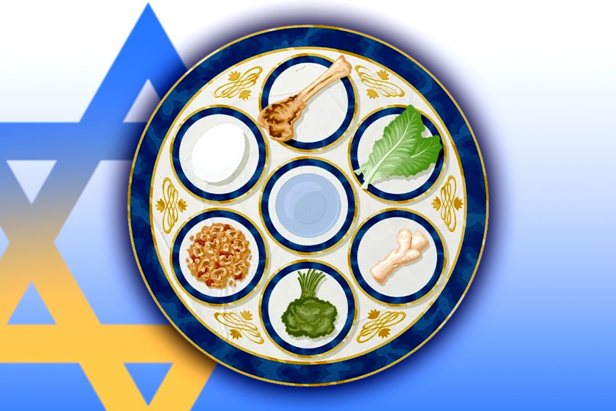 A graphic highlights Passover traditions, including a typical meal laid out on a plate. The Star of David in the background represents Jewish unity.