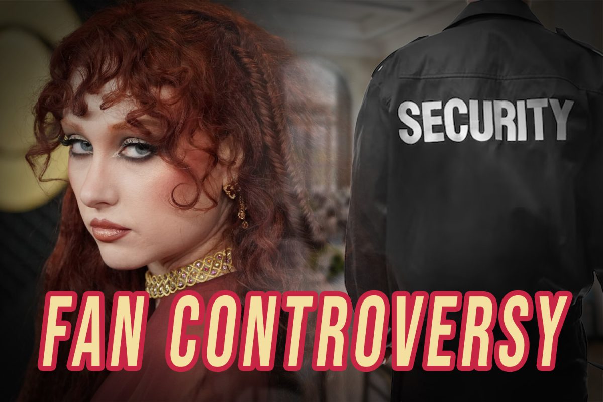 Graphic shows music artist Chappell Roan opposite a security guard, with the title "Fan Controversy" lining the bottom. Throughout her career, the singer has become involved in numerous controversies surrounding treatment of fans, paparazzi, and more.