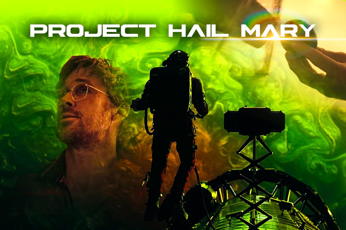 A graphic, titled "Project Hail Mary", shows main character Ryland Grace (Ryan Gosling) as he looks out into space. The film follows Grace, who flies to outer space to save humanity.