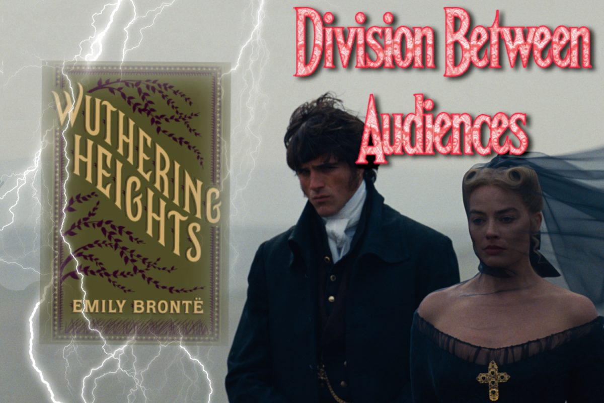 A graphic of the book Wuthering Heights beside the characters in the movie Heathcliff (left) and Catherine (right). 