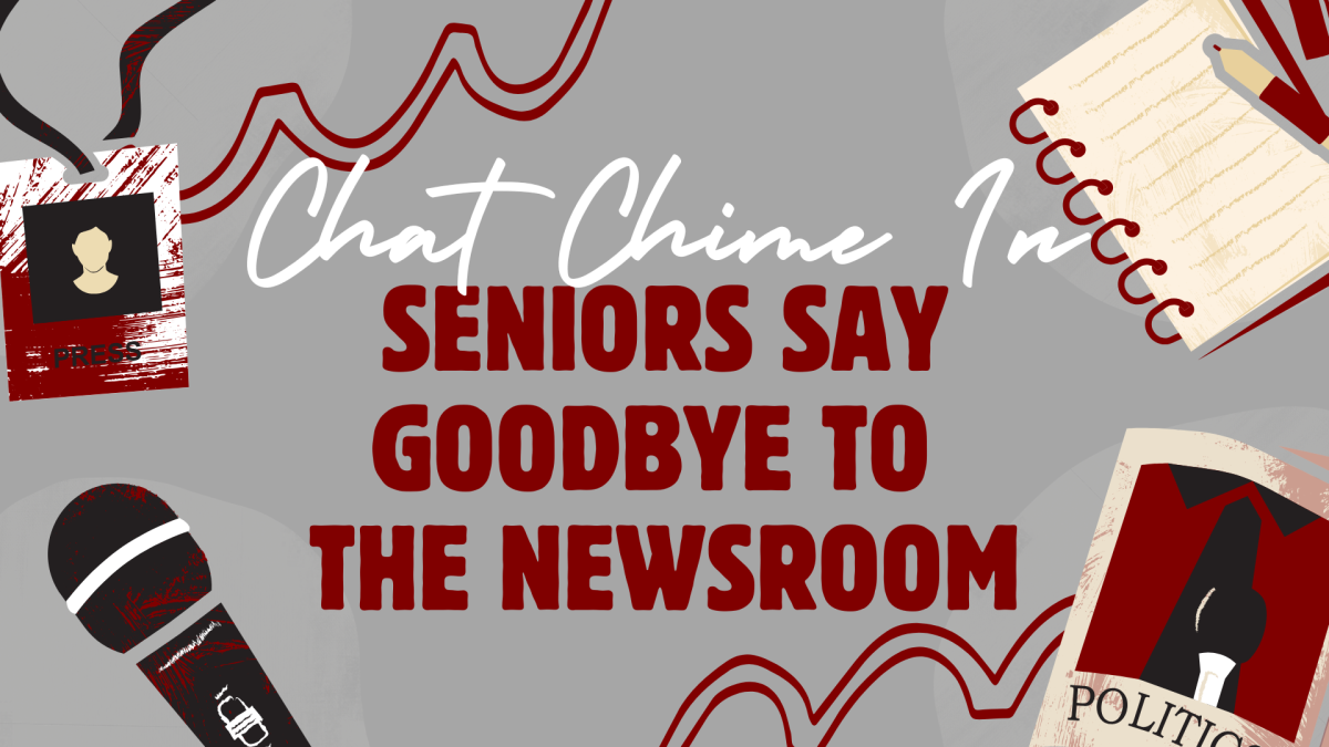 A graphic of items that are in a newsroom around a text that says "Chat Chime In Seniors say goodbye to the newsroom". Representing the passing on of the torch in the newsroom and moving on in life.