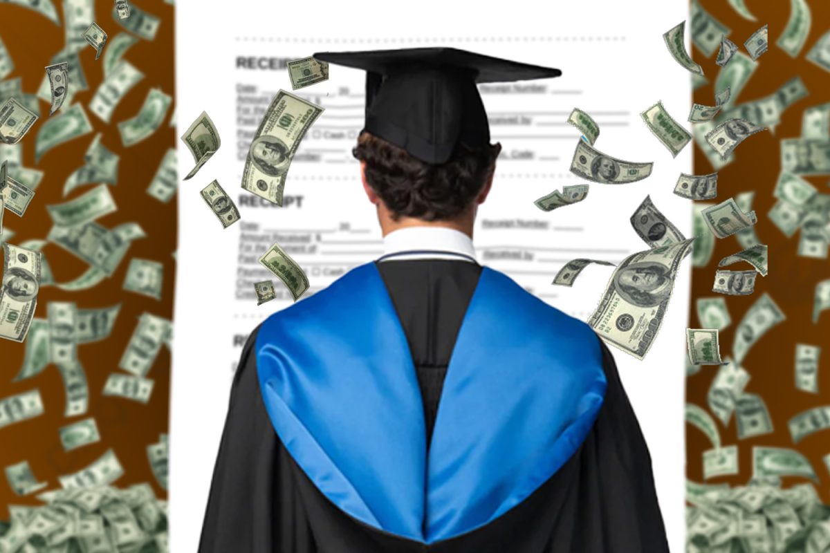 A graduating senior faces a long receipt of senior year costs. Cash floats around him, reminding the student of how much senior year costs.