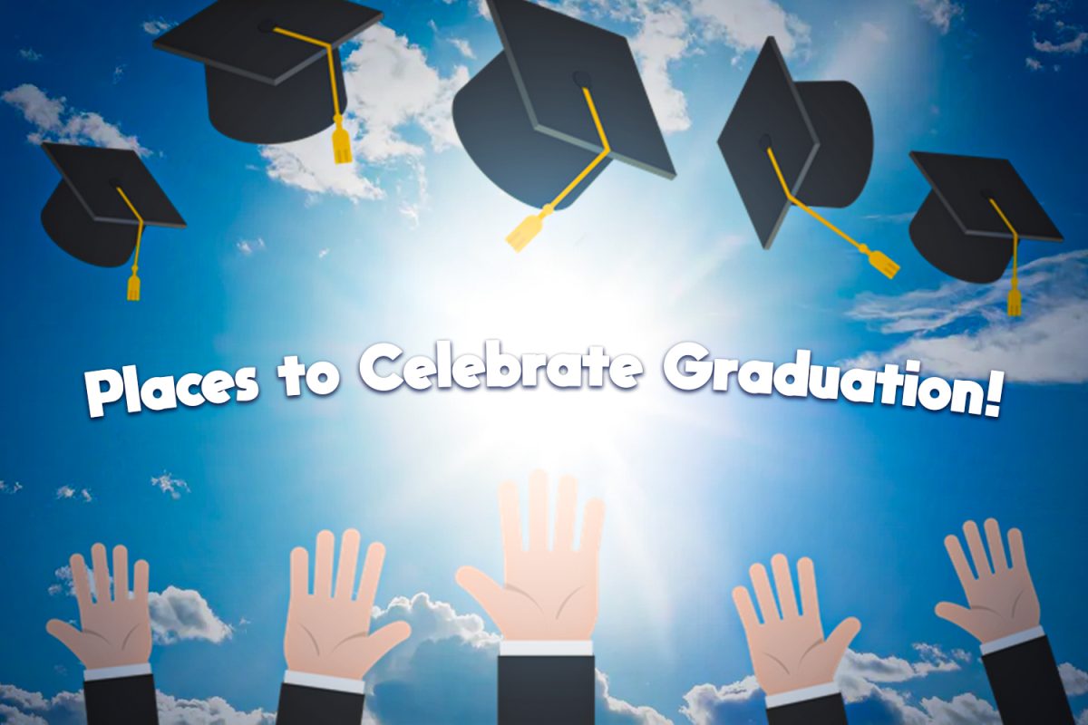 A hand is lifted upwards as many graduation caps are thrown into the air, symbolizing the end of the school year and the exciting future to come.