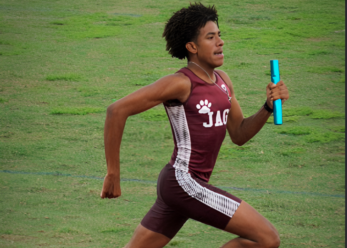 Senior Kameron James racing to the finish line during his last year as a Jaguar. Every stride he takes is with intent. 