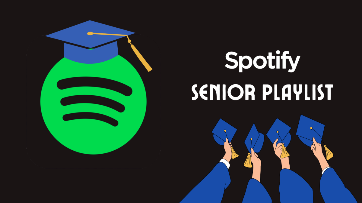 A graphic of the Spotify logo with a graduation cap on it (left) alongside a cartoon of people's hands that are holding up graduation caps (right). 