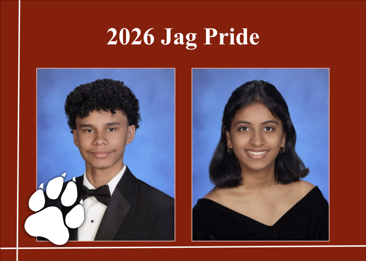 Jonathan Alonzo's yearbook photo (right) alongside Anjali Yalamanchi's yearbook photo (left). With the 2026 Jag Pride title above them. 
