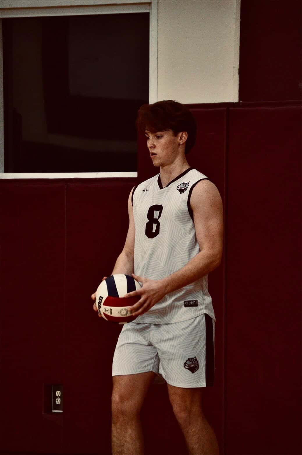 Senior Gabriel Castro holding a volleyball as he prepares to set the ball and start the game.