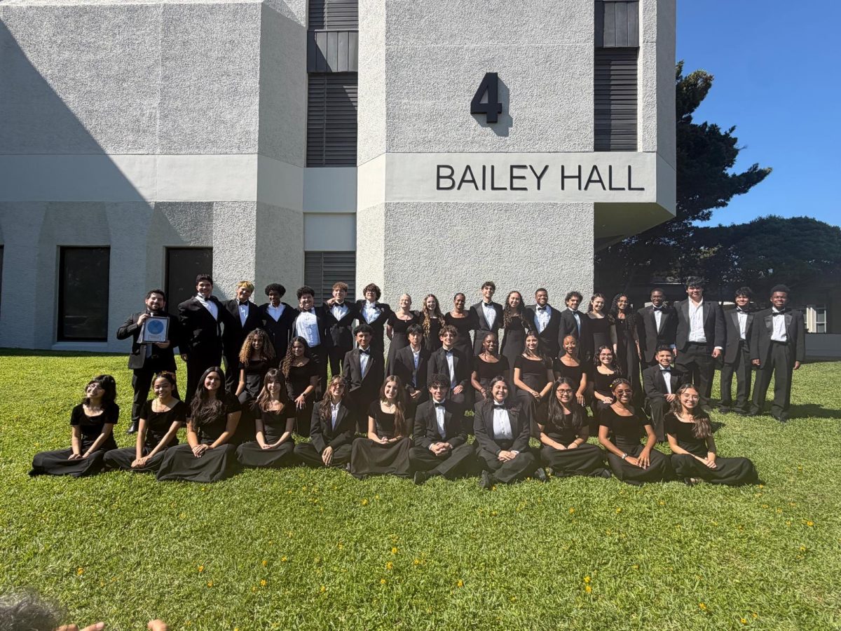 The PPCHS Wind Symphony sits outside Broward College's Bailey Hall after their long-awaited performance. The Straight Superior they would go on to win at the competition would be the last one the PPCHS band needed to win the Otto J. Kraushaar award. 