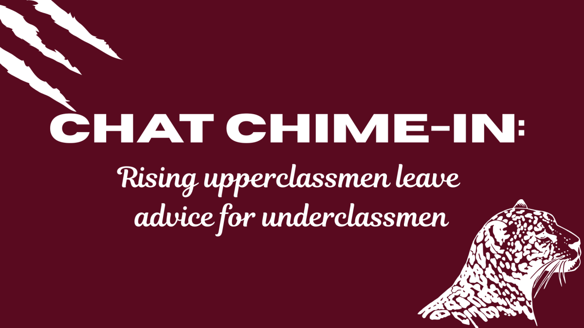 A graphic that has a Jaguar and scratch marks, which are the Pines Charter logos. In the middle of the graphic it says "CHAT Chime In: CHAT Chime-In: Rising upperclassmen leave advice for underclassmen."