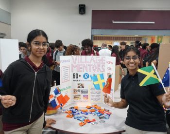 Here is the Vice President:Anjali Yalamanchi alongside her is Fundraising Director: Shreenidhi Vasudevan both representing Village mentors in Club Fair. A club where students tutor students in elementary from places across the world.