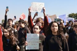 One student holds a sign that says, "We are skipping our lessons to teach you one", aimed at the federal government, which is in charge of ICE.