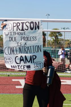 London Ferguson, a PPCHS junior, holds one of the most popular signs from the walkout, which reads, "Prison without due process is a concentration camp".